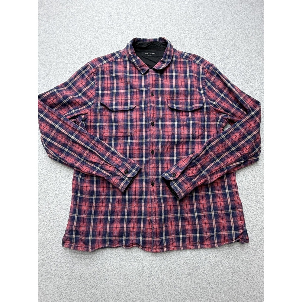 AllSaints Shirt Mens XL Red Navy Plaid Flannel Long Sleeve Button Front Casual